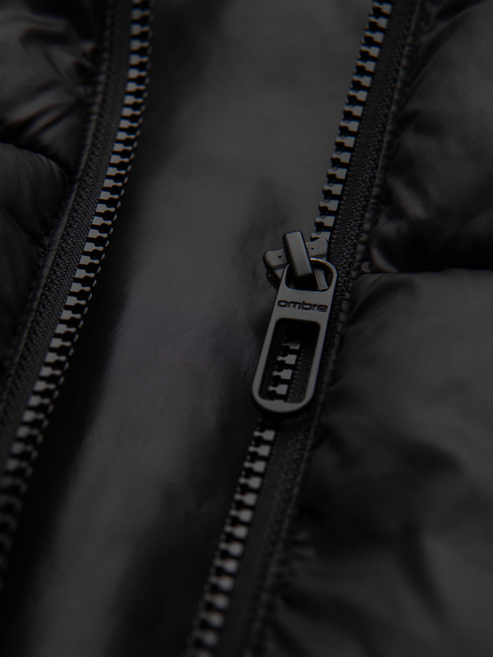 Men's quilted puffer jacket with hood - black V1 OM-JAHP-0235