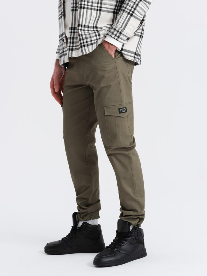 Men's pants with cargo pockets and leg hem - dark olive green V1 OM-PACG-0189