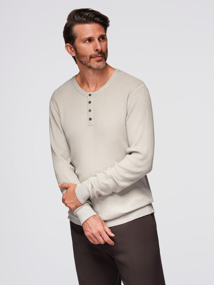 Men's ribbed sweater with buttons at the neckline - beige V3 OM-SWSW-0182