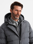 Men's long quilted jacket with lapels and lining - graphite V2 OM-JALJ-0177