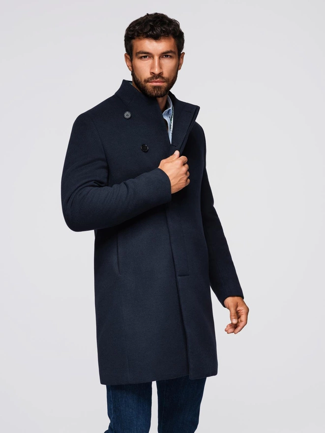Men's coat with asymmetrical fastening and high collar - navy blue V3 OM-COWC-0141