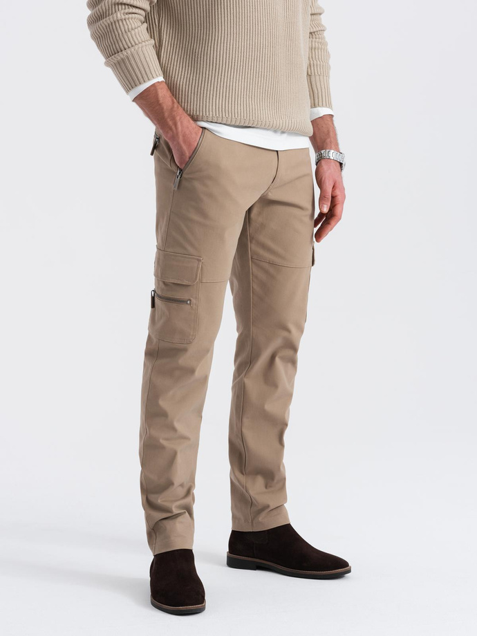 Men's cargo pants STRAIGHT LEG with zippered pockets - khaki V3 OM-PACG-0204