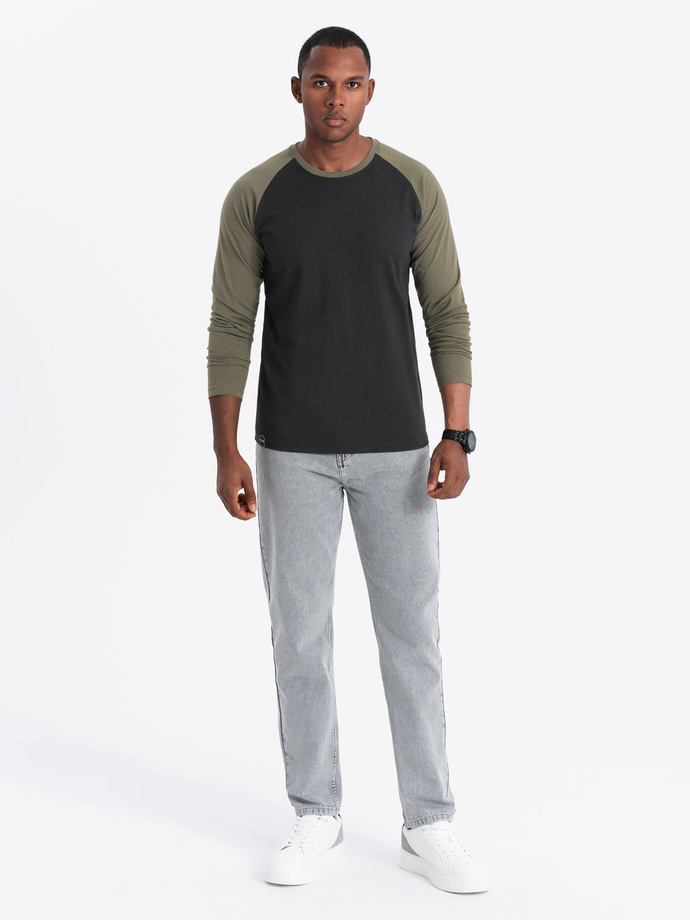Męski longsleeve z raglanowymi kontrastowymi rękawami – czarno-oliwkowy V3 OM-LSCL-0105