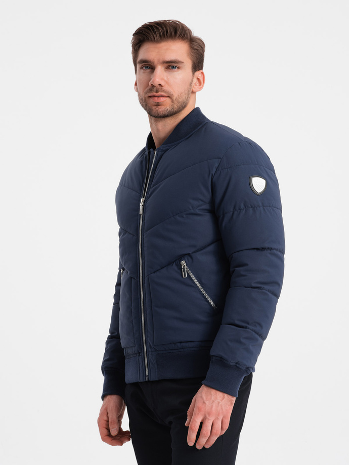 Men's quilted bomber jacket with metal zippers - navy blue V2 OM-JALP-0143