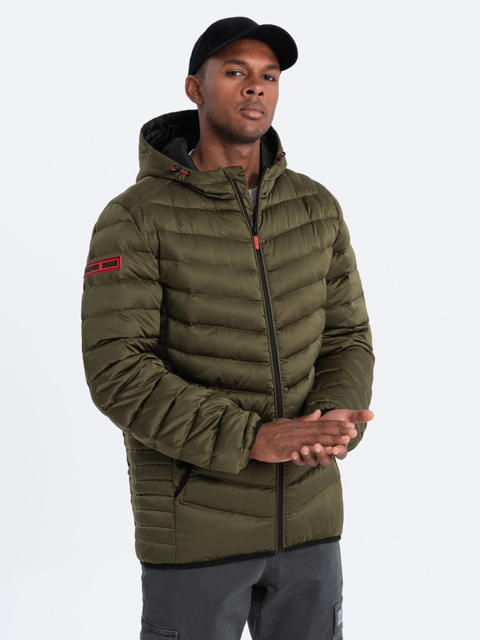 Men's quilted jacket with satin finish - dark olive green V13 OM-JALP-0121