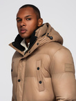 Men's long puffer jacket with snap pockets - brown V2 OM-JALJ-0186