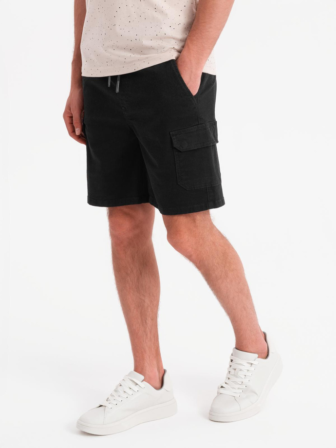 Men's cotton cargo shorts with elastic waistband - black V4 OM-SRCG-0190