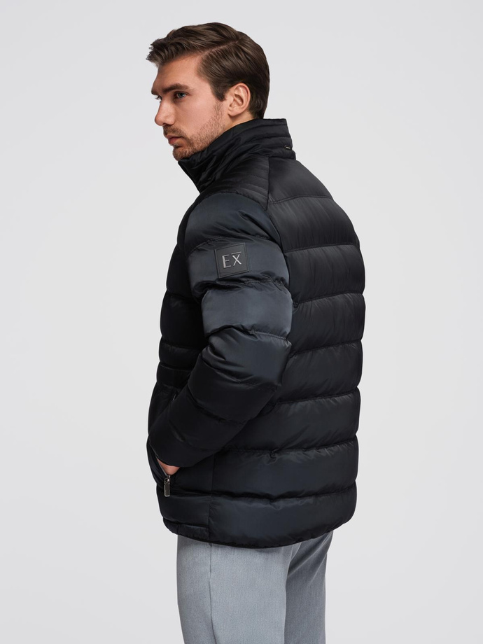 Men's quilted jacket with gloss and stand-up collar - black V1 OM-JALP-0218