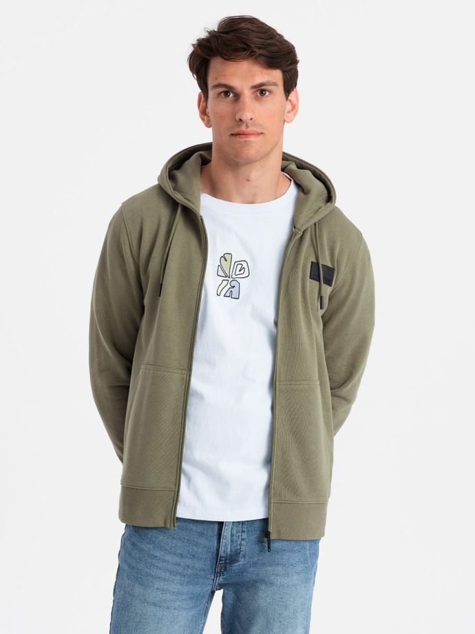 Unzipped men's sweatshirt with hood and patch - olive V4 OM-SSZP-0140
