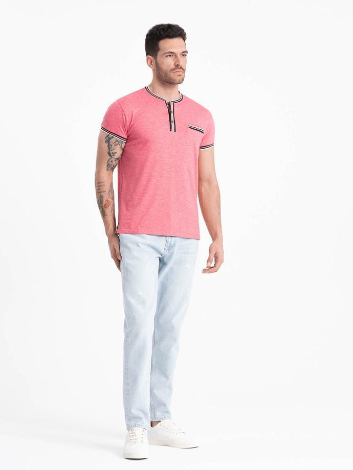Men's henley t-shirt with decorative ribbing - red V1 OM-TSCT-0175