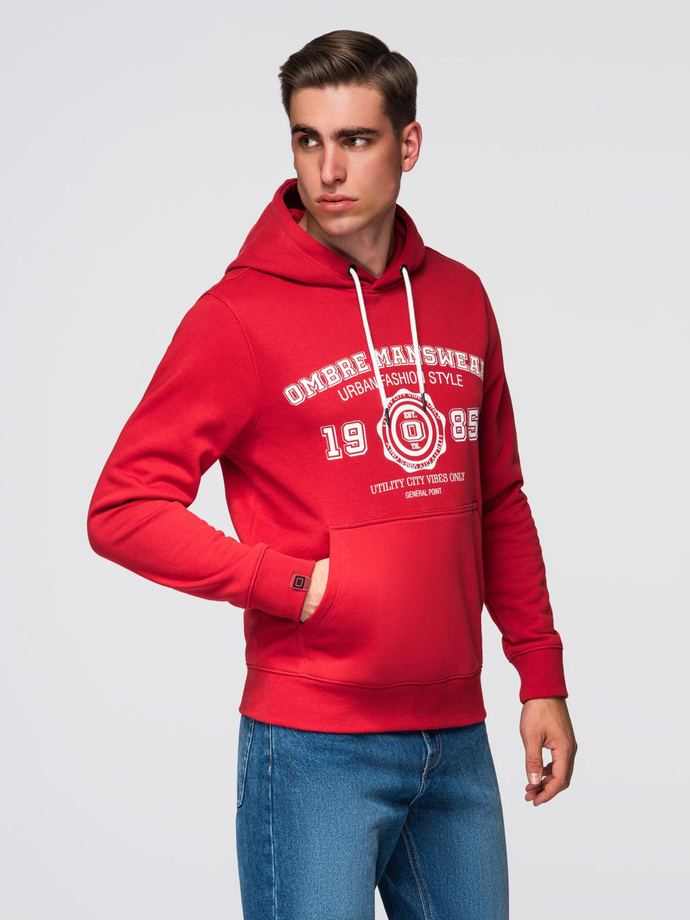 Men's college style printed kangaroo hoodie - red V1 OM-SSPS-0143