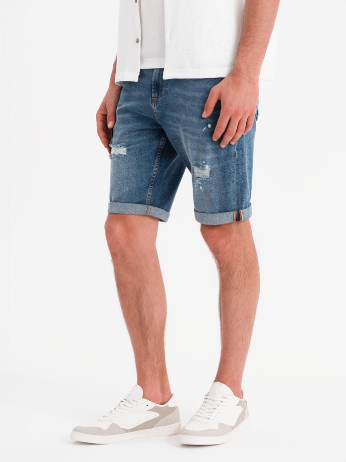 Men's short denim shorts with rubbing and rolled up leg - blue V2 OM-SRDS-0186