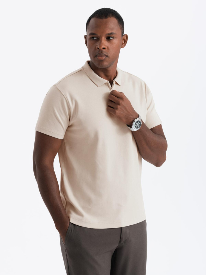 Men's polo shirt with zippered collar - cream V3 OM-POSS-0132