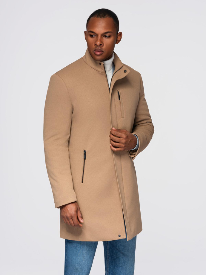 Structured fitted coat for men with high collar - light brown V4 OM-COWC-0136