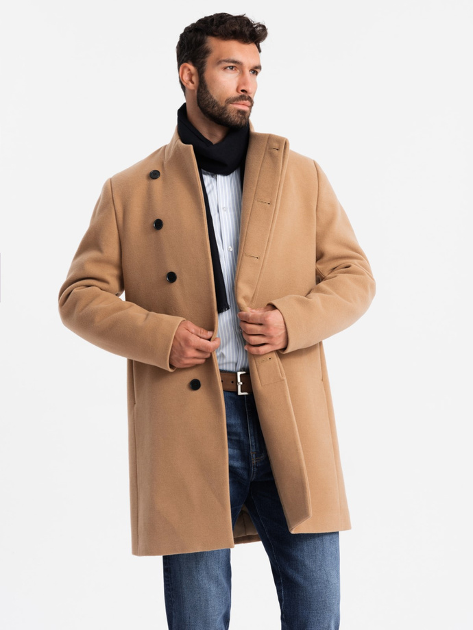 Men's coat with asymmetrical fastening and high collar - light brown V4 OM-COWC-0120