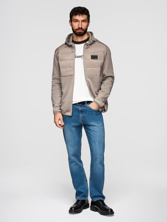 Men's lightweight jacket of combined materials with hood and decorative quilting - ash V3 OM-JANP-0160