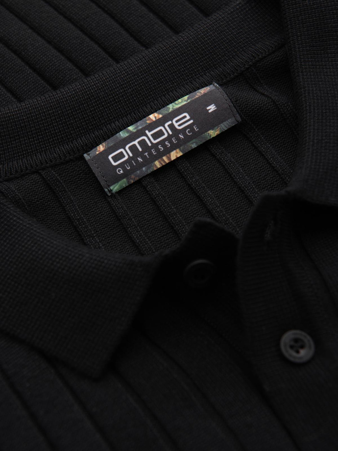 Men's SLIM FIT viscose vertical striped polo shirt - black V1 OM-POSS-0143