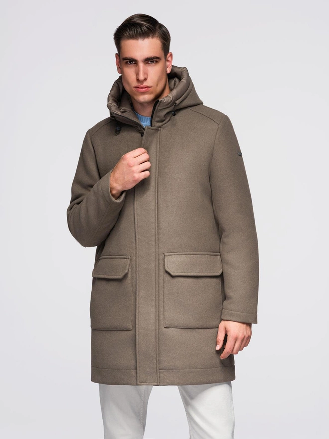 Męski płaszcz parka z wełną i kapturem - khaki V2 OM-COWC-0132