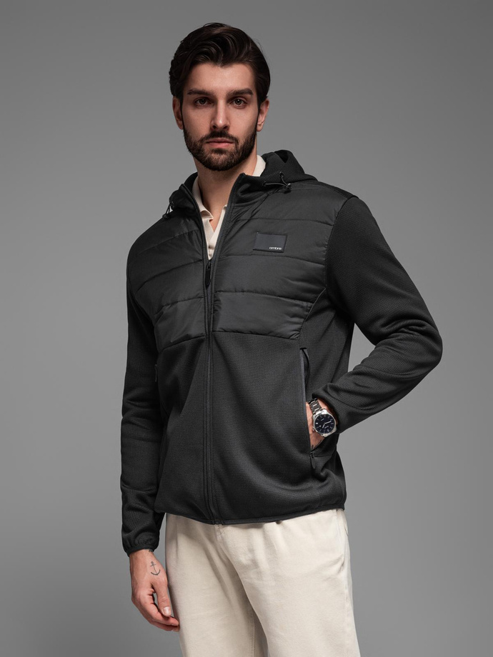 Men's lightweight jacket of combined materials with hood and decorative quilting - black V5 OM-JANP-0160