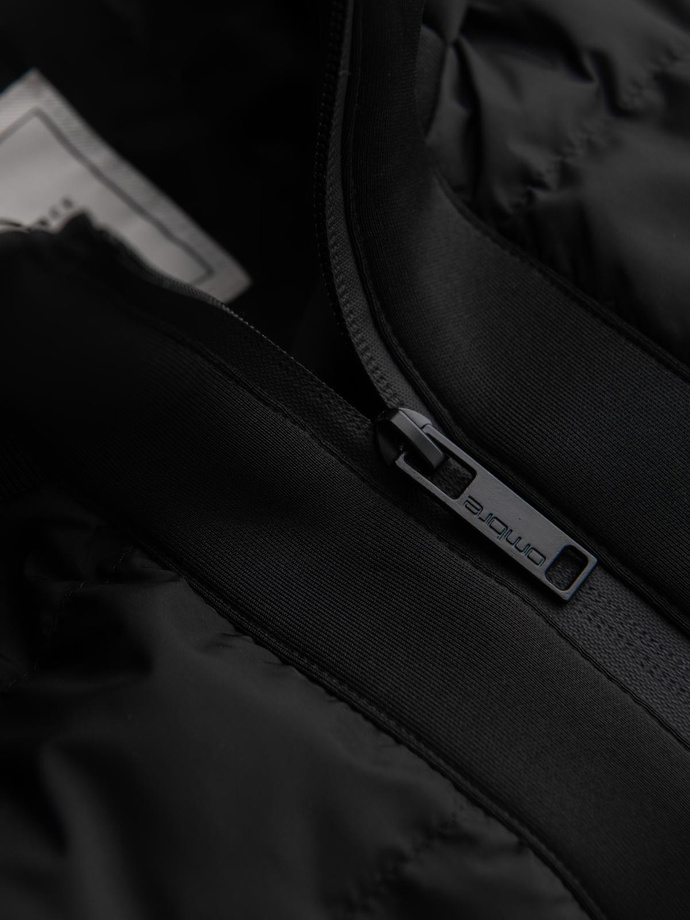 Quilted bomber jacket with hood and knitted sleeves - black V1 OM-JALP-0298