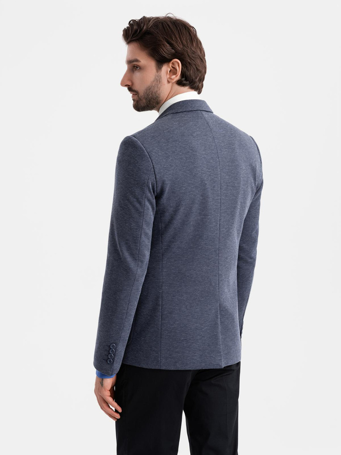 Fitted elegant men's structured knit blazer - navy blue V1 OM-BLZB-0129