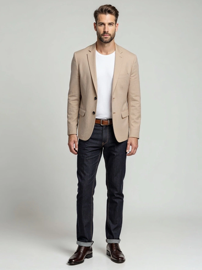 Elegant men's SLIM FIT jacket with rayon - beige V2 OM-BLZB-0135