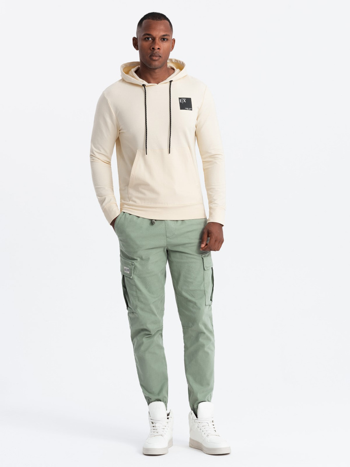 Men's kangaroo sweatshirt with hood and logo - cream V2 OM-SSNZ-0162