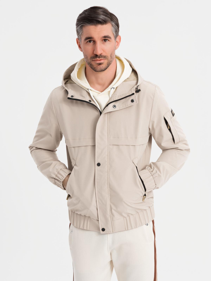 Functional men's transitional jacket with hood - beige V3 OM-JANP-0225