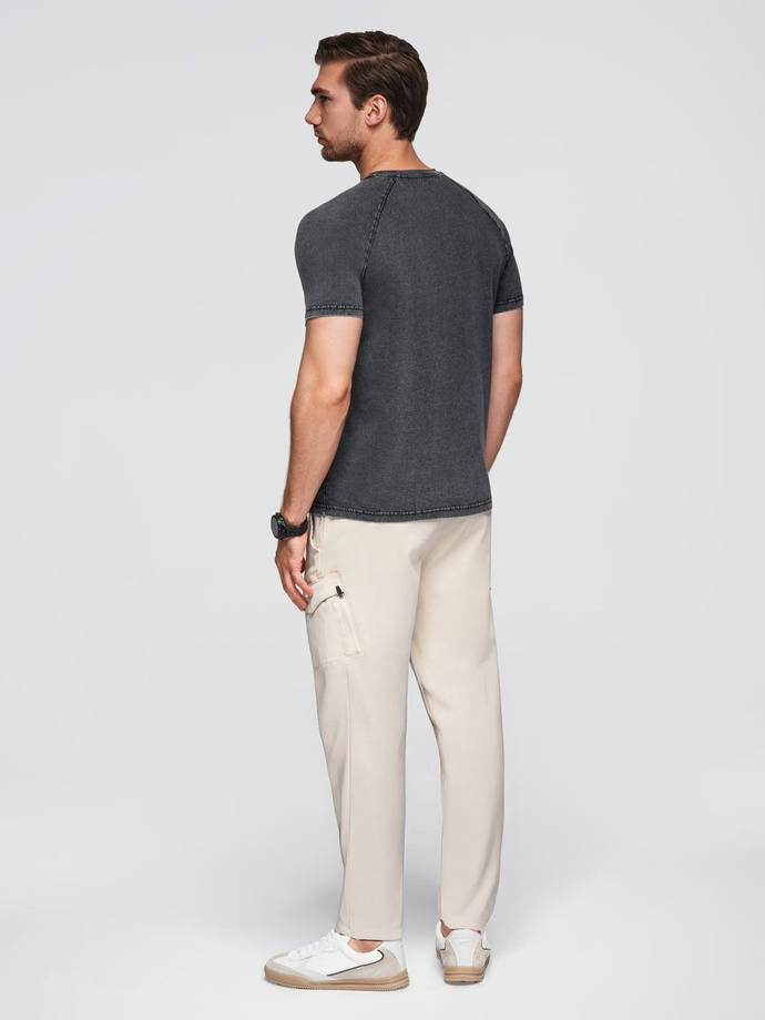 Men's T-shirt with wash effect and buttons at neckline - black V1 OM-TSWT-0150