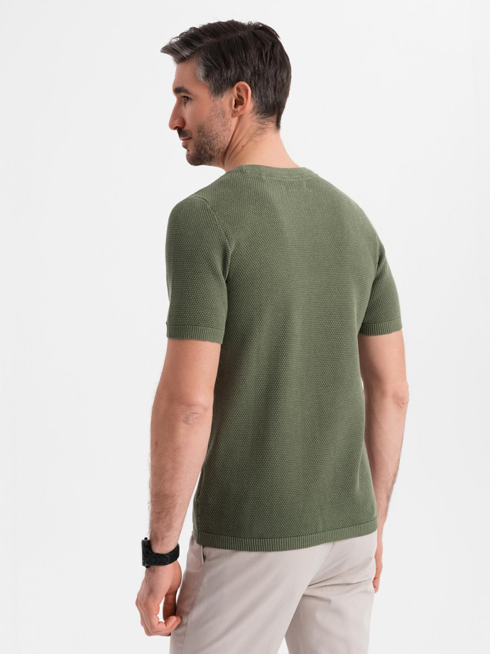 Men's knitted t-shirt with fine texture - olive V5 OM-TSCT-0244