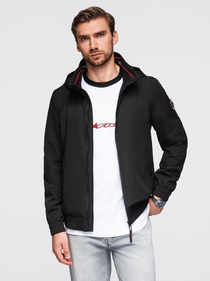 Men's faux leather jacket with ribbed bottom hem - black V2 OM-JAFL-0109
