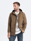 Kurtka męska przejściowa z kapturem - brązowa V2 OM-JANP-22FW-005