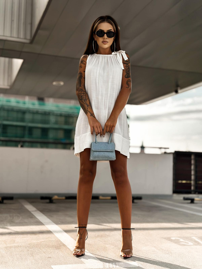 Sukienka mini dekolt łódka marszczony z kokardą - DLR110 ecru