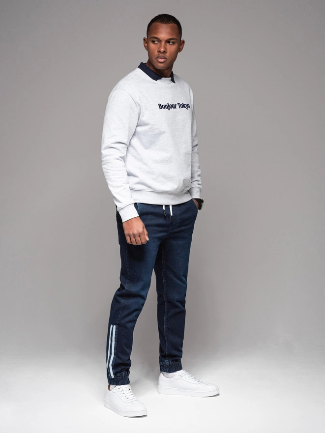 Men's denim joggers with piping - dark blue V4 OM-PADJ-0156