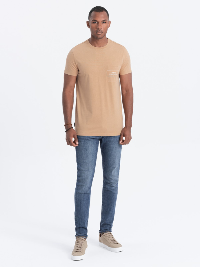 Men's cotton t-shirt with pocket print - light brown V6 S1742