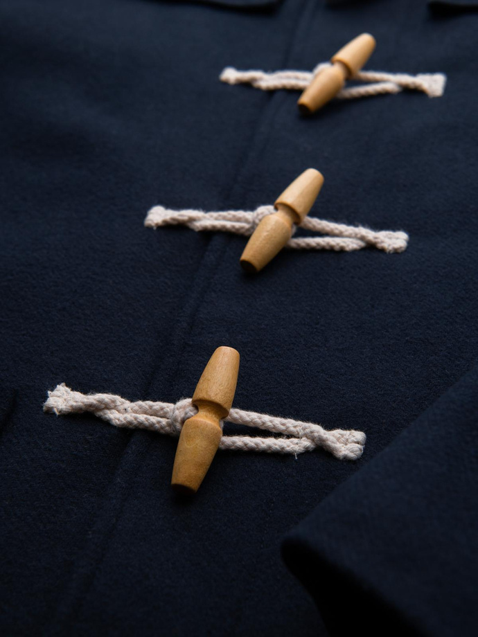 Męski płaszcz z wełną i kapturem duffle coat – granatowy V2 OM-COWC-0131