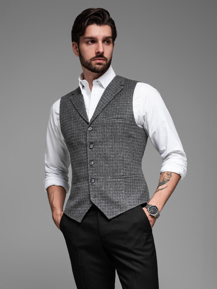 Elegancka kamizelka męska w kratkę z klapami – czarna V3 OM-BLZV-0110