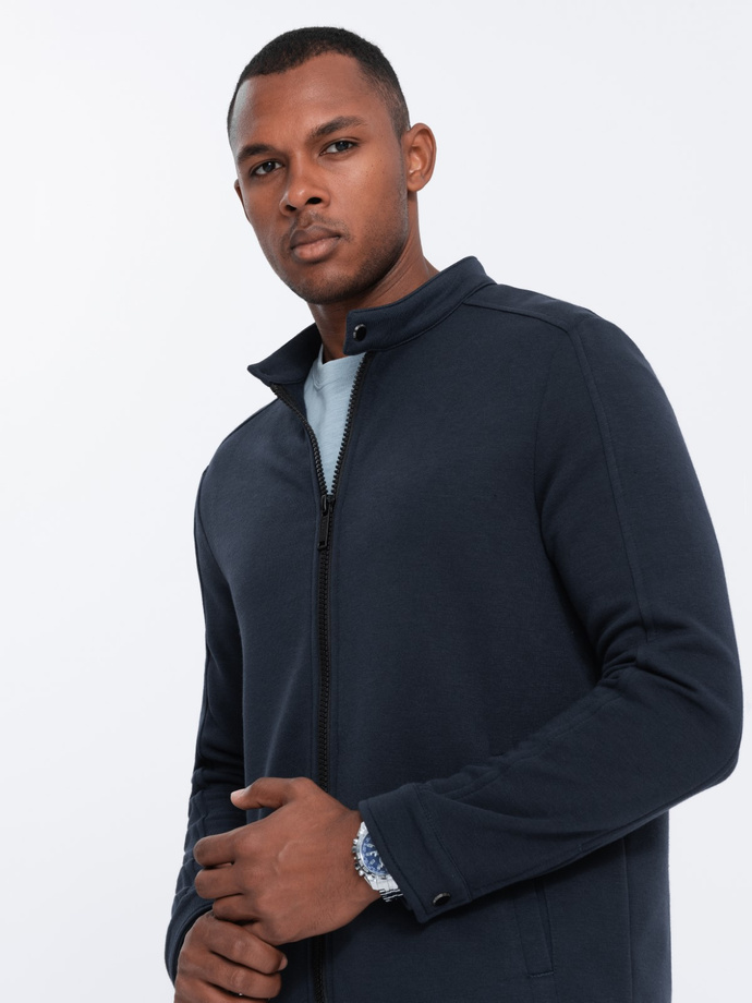 Men's unbuttoned sweatshirt with stand-up collar - navy blue V2 OM-SSZP-22FW-005