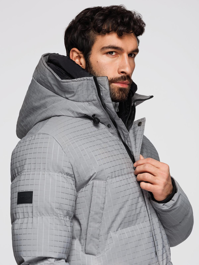 Długa męska kurtka parka ze strukturalnej tkaniny – szara V2 OM-JALJ-0201