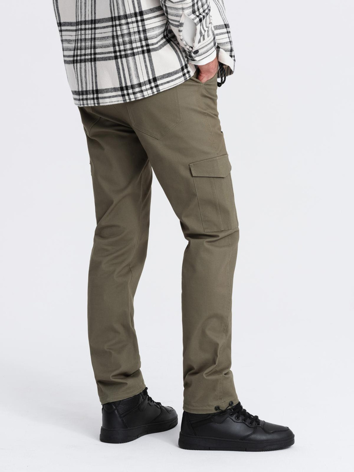Men's pants with cargo pockets and leg hem - dark olive green V1 OM-PACG-0189