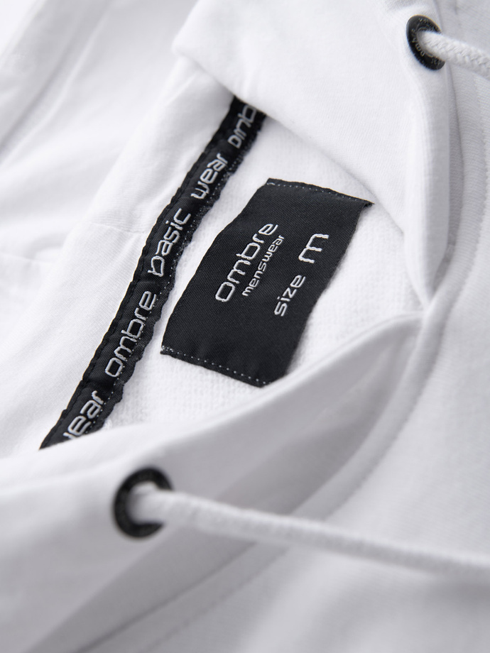 Nierozpinana męska bluza kangurka z kapturem i nadrukiem - biała V3 OM-SSPS-0158