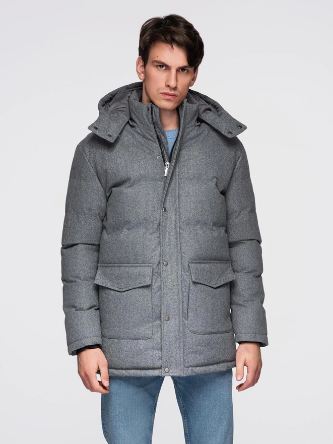 Warm long men's parka jacket with wool - grey melange V1 OM-JALJ-0217