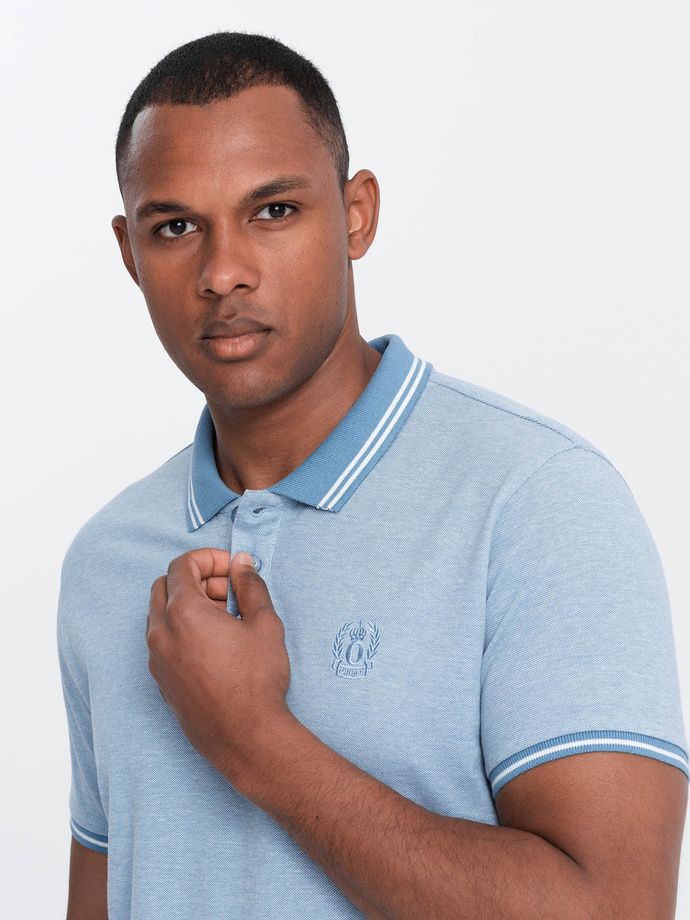 Men's melange polo shirt with striped collar - blue V3 OM-POSS-0109