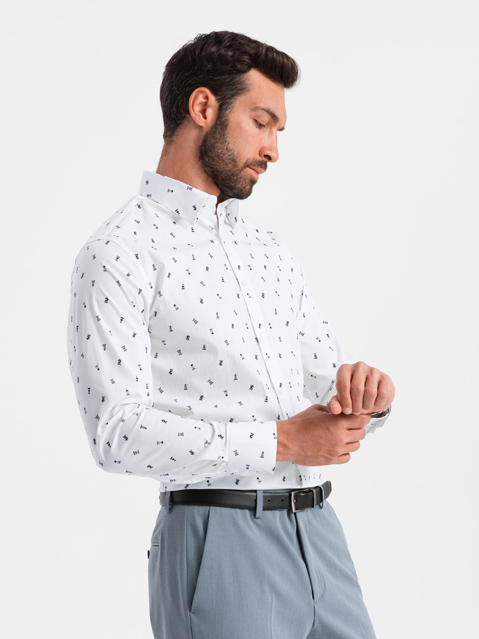 Męska koszula bawełniana we wzory SLIM FIT - biała V2 OM-SHCS-0151