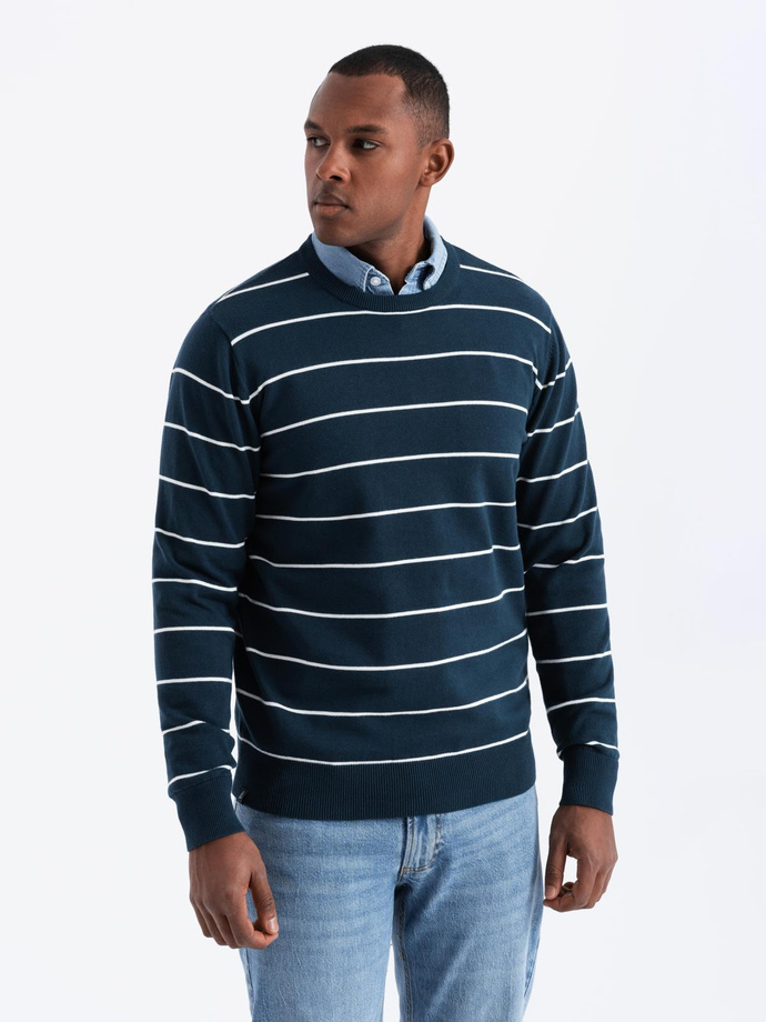 Casual men's sweater with horizontal stripes - navy blue V1 OM-SWSW-0143