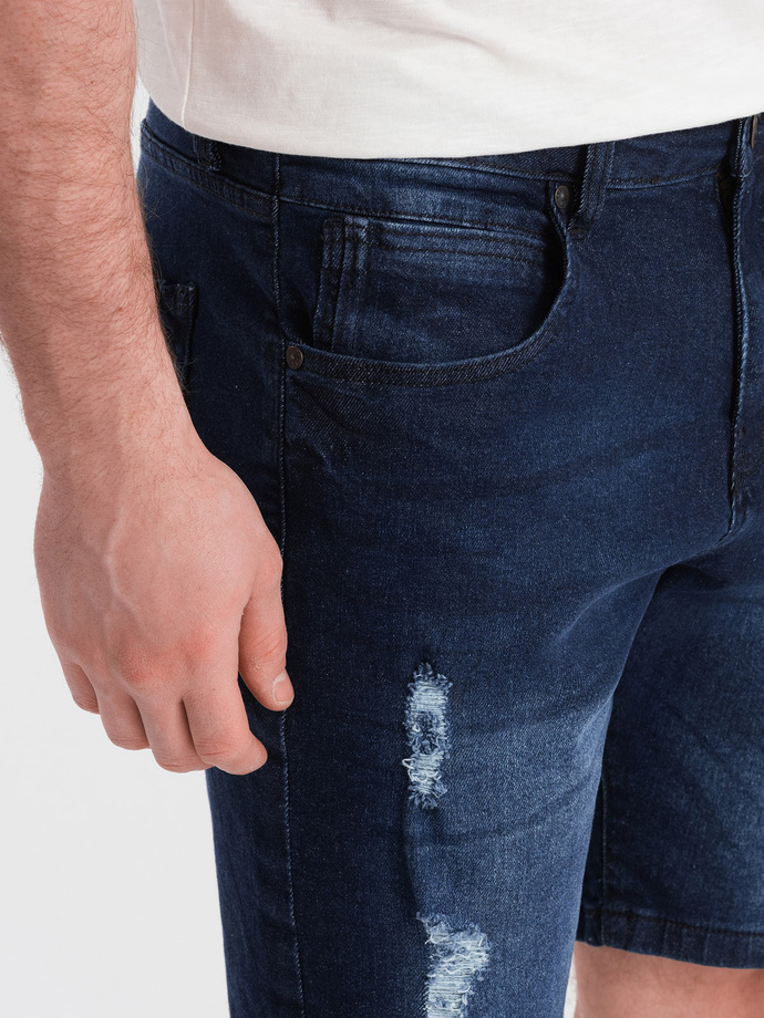 Krótkie spodenki męskie jeansowe z dziurami – ciemnoniebieskie V3 OM-SRDS-0146