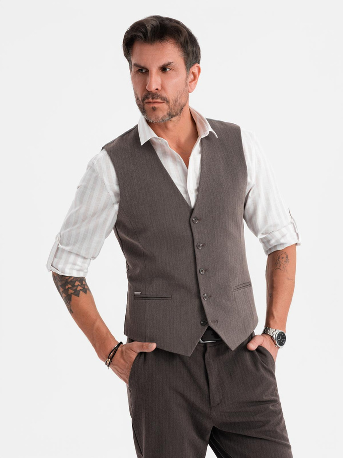 Męska elegancka kamizelka w jodełkę SLIM FIT  - grafitowa V2 OM-BLZV-0143