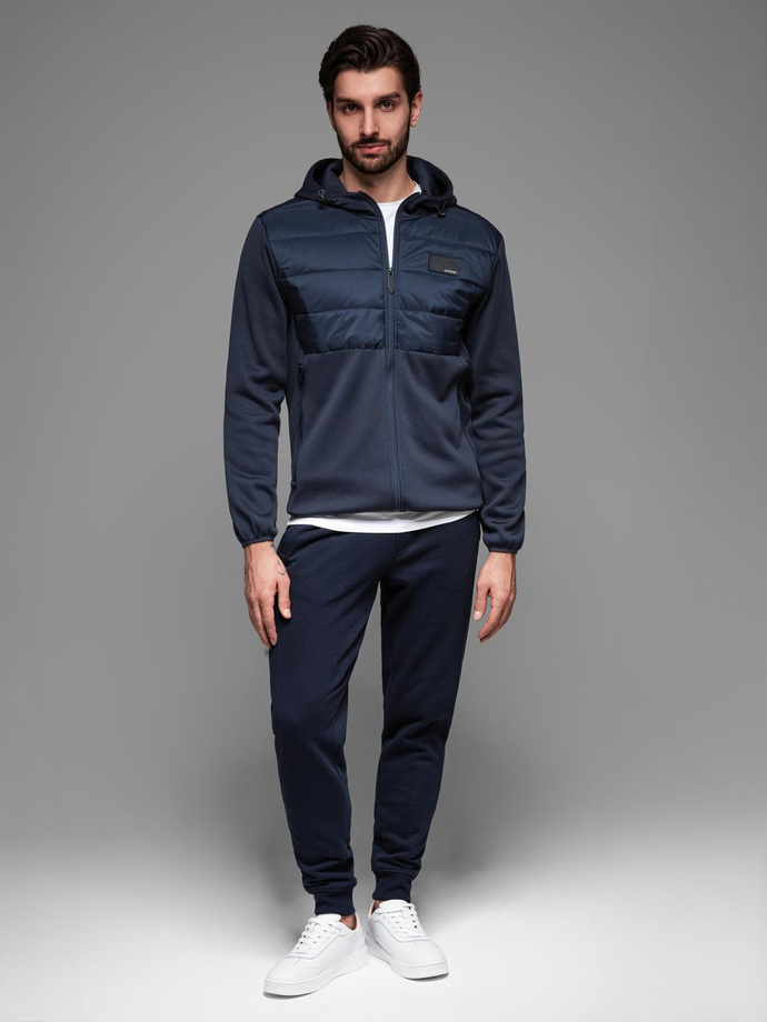 Men's lightweight jacket of combined materials with hood and decorative quilting - navy blue V4 OM-JANP-0160