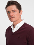 Sweter męski z dekoltem "w serek" z koszulowym kołnierzykiem - bordowy V8 OM-SWSW-0102