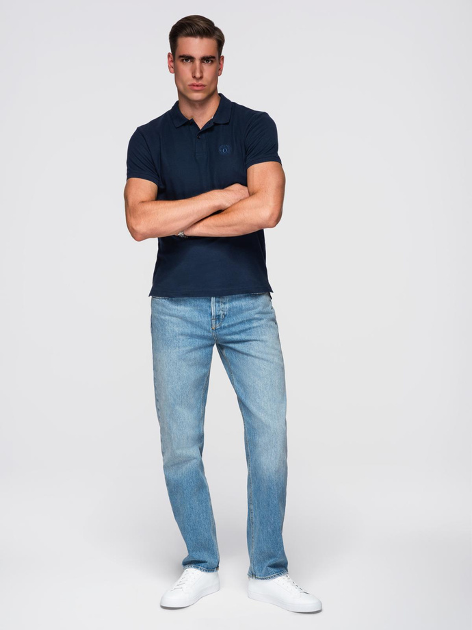 Jednokolorowa koszulka męska polo BASIC z dzianiny pique - granatowa V2 OM-POBS-0100